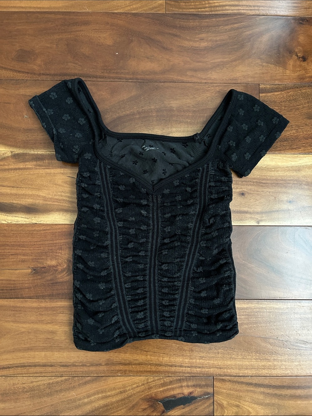 Black Short Sleeve Ruched Square-Neck Top